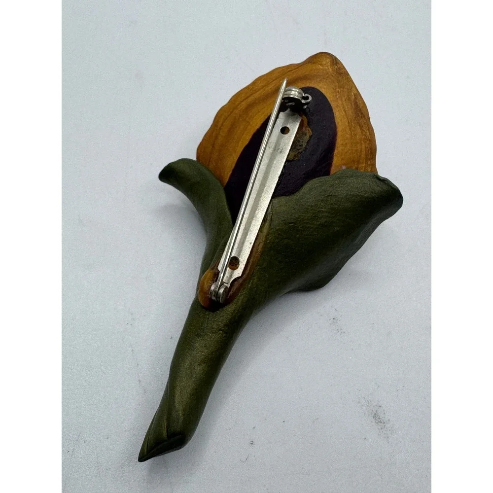 Handcrafted Calla Lily Floral Brooch and Drop Earrings Jewelry Set Purple Gold
